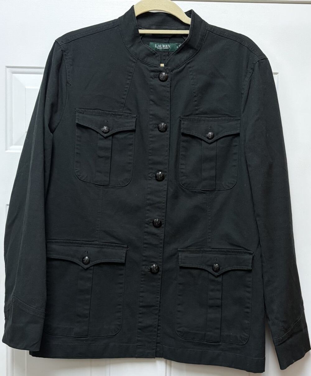 Ralph Lauren Black Cotton Canvas Military Utility Jacket Size 14 Pockets